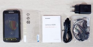 Комплектация Lenovo A328, пленка, зарядка, USB-кабель, наушники и даже чехольчик
